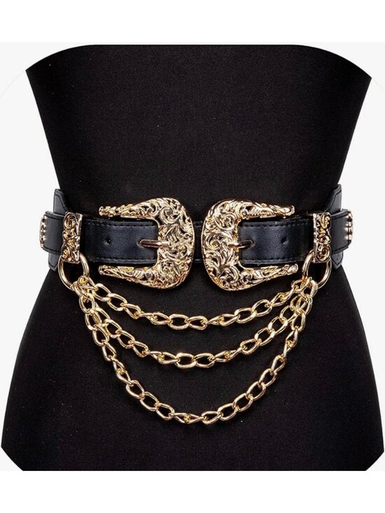 Unbranded Accessories - Western Inspired Black Elastic Chain Belt wGold-Tone Buckles & Chains Stretch